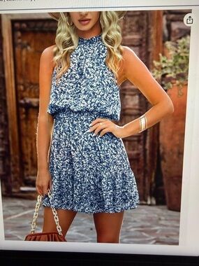 Floral Halter Navy Mini Dress with Elastic Waist Size Small